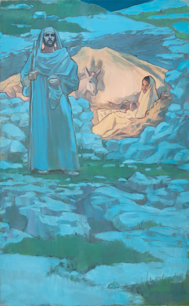 Mary, baby Jesus and donkey in rock structure while Joseph stands and keeps watch.