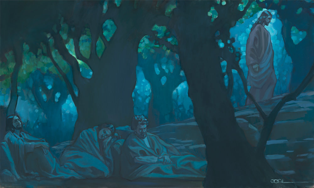 Three apostles sleep while Jesus walks away to suffer for the sins of mankind.