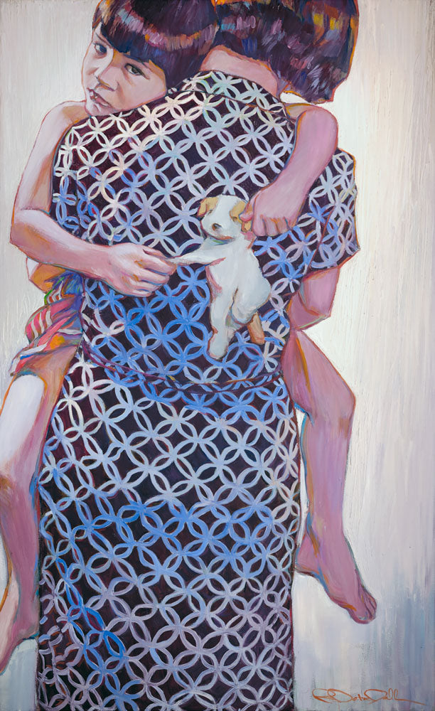 Women in dress holding child.