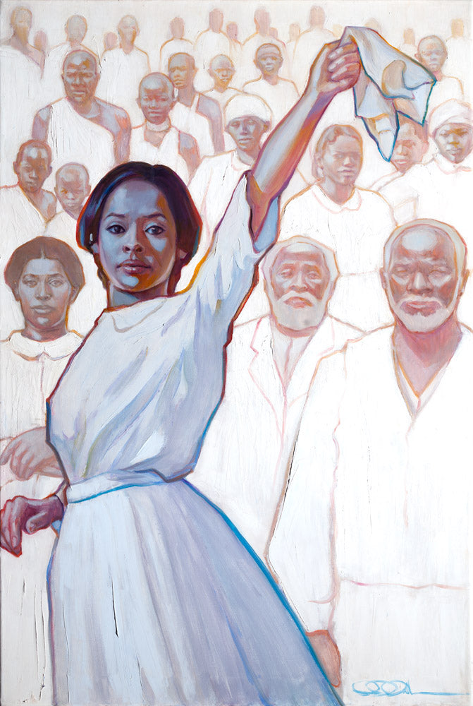 Women waiving handkerchief with her ancestors in white behind her.