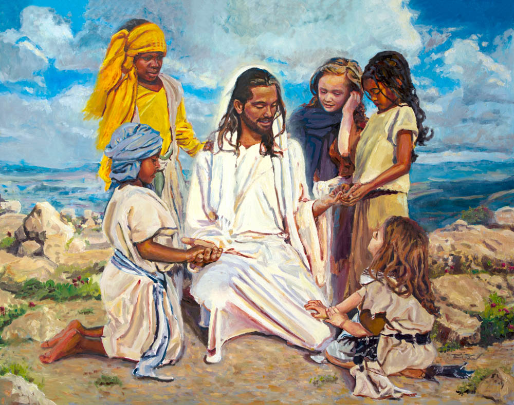 Jesus Christ showing his hands to a small group of children.