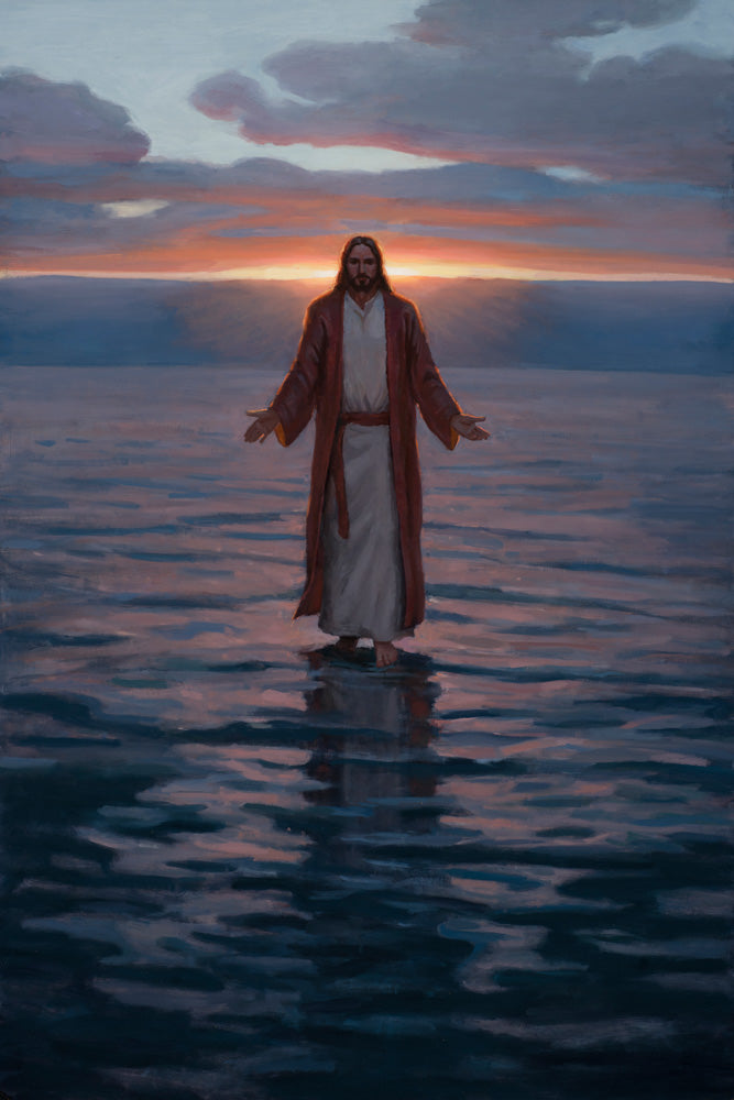 Jesus standing on calm water at sunset.