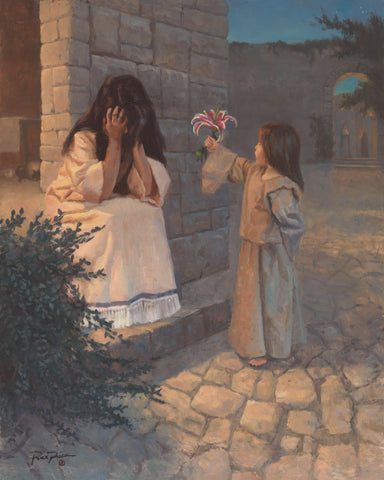Small child presenting mother with a flower. 