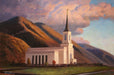 Painting of the Star Valley Wyoming Temple at sunset. 