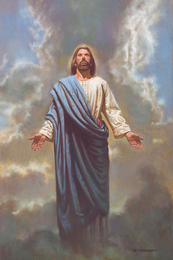 Jesus Christ in blue robe standing in the clouds.
