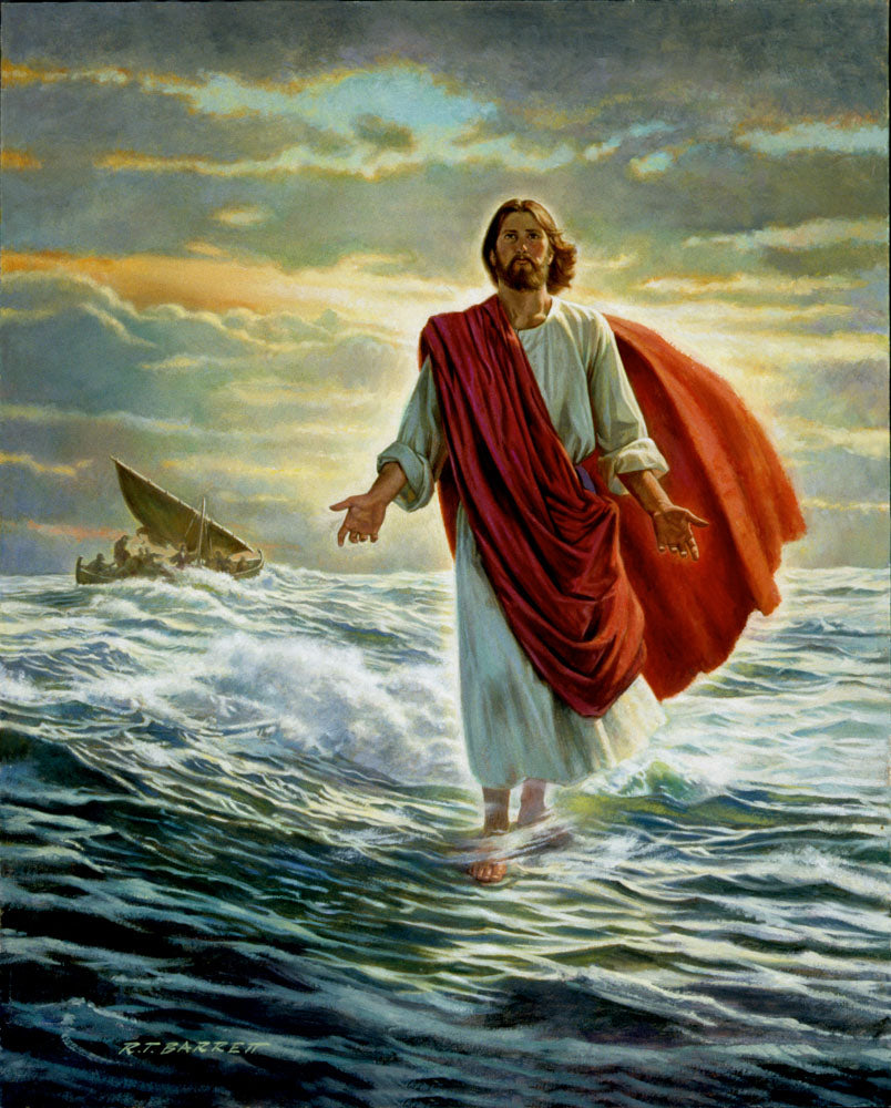 Jesus Christ walking on water with boat in the background.
