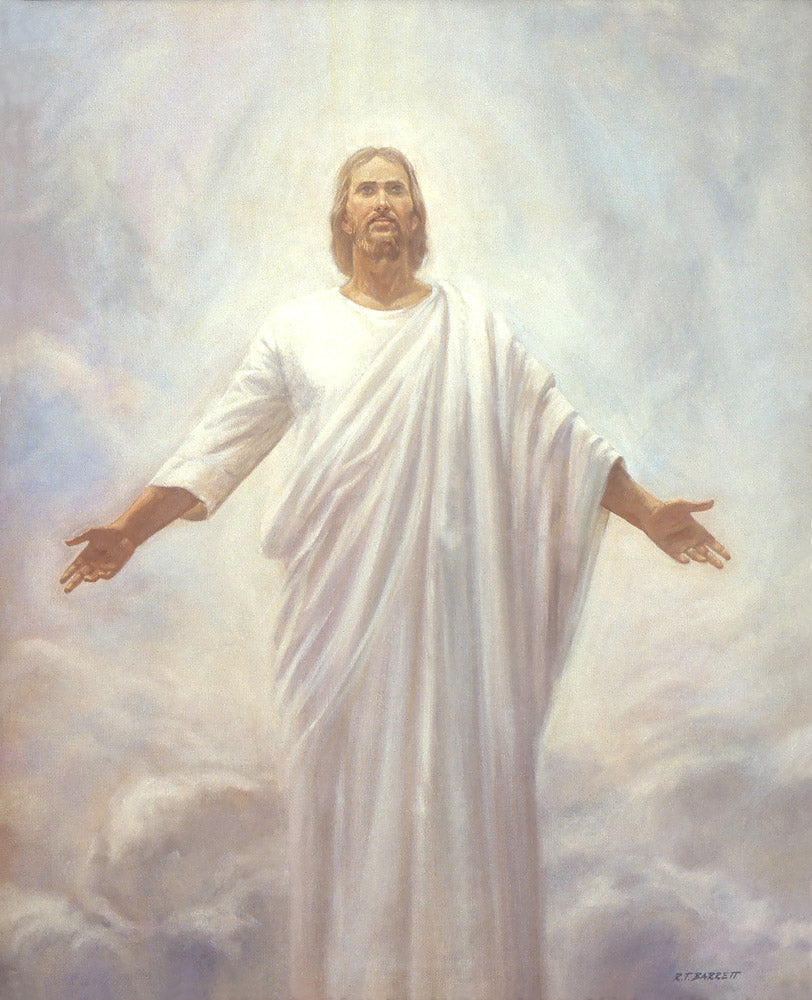 Jesus dressed in white surrounded by clouds after he was resurrected.