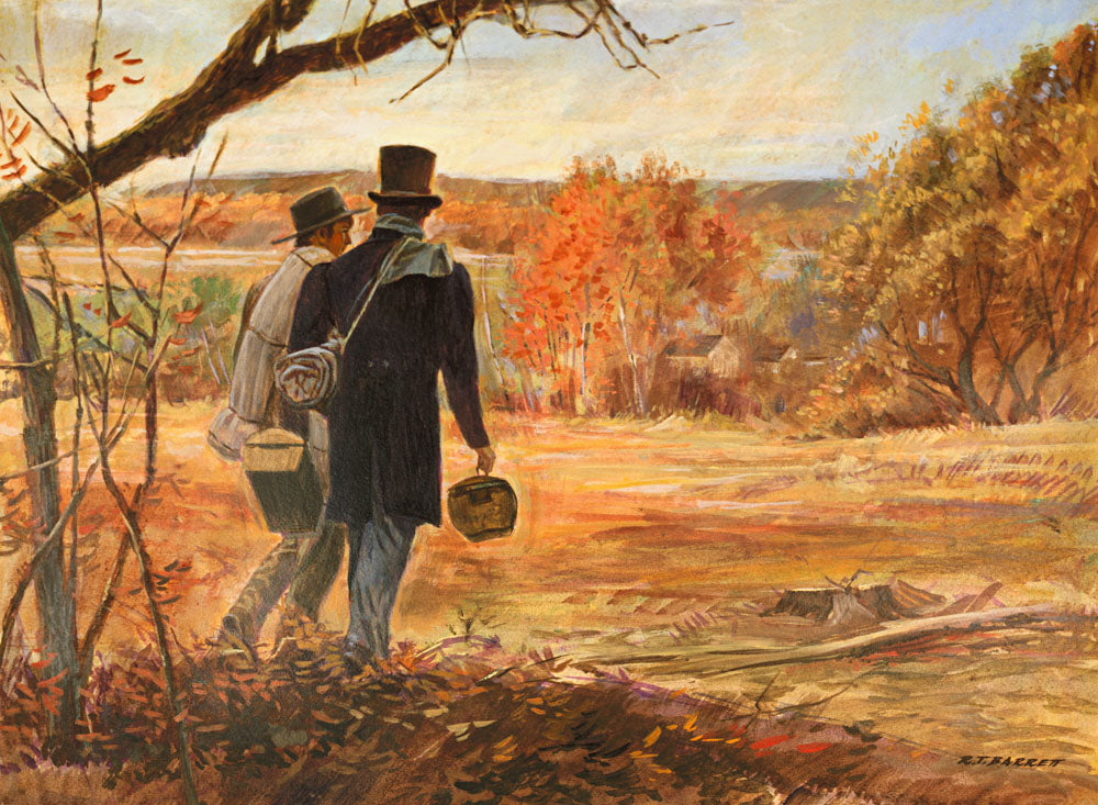 Two early saints as missionaries walk in a valley in the fall spreading the word of the gospel.