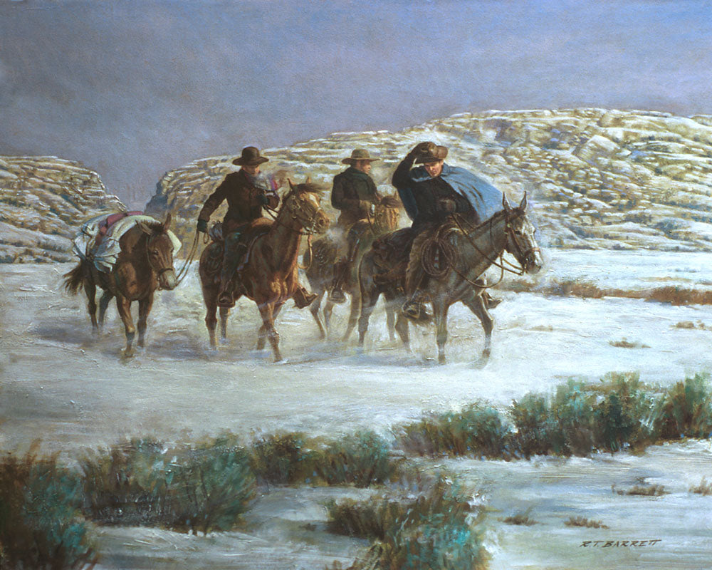 A team of men on horses searching for the lost Martin Company on the wintery plains.
