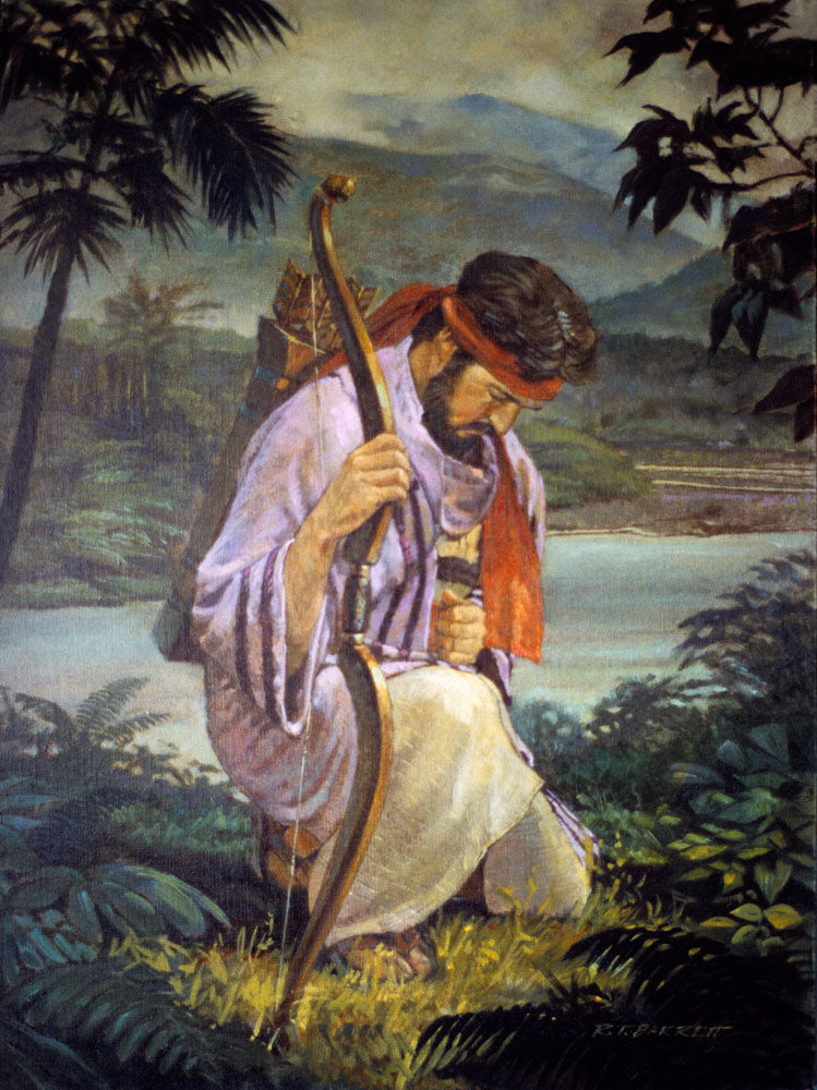 The prophet Enos from the Book of Mormon kneeling in prayer.