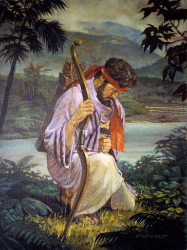 The prophet Enos from the Book of Mormon kneeling in prayer. 