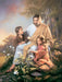 Jesus sitting with a boy and a girl with white lilies in the foreground.