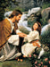 Jesus kneeling beside a girl with doves and a waterfall in the background.