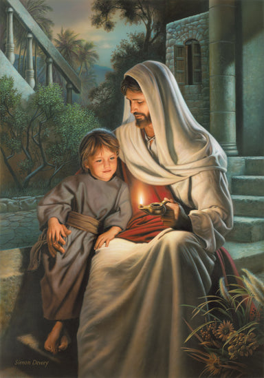 Jesus sitting with a boy and holding a lighted lamp as he teaches him.