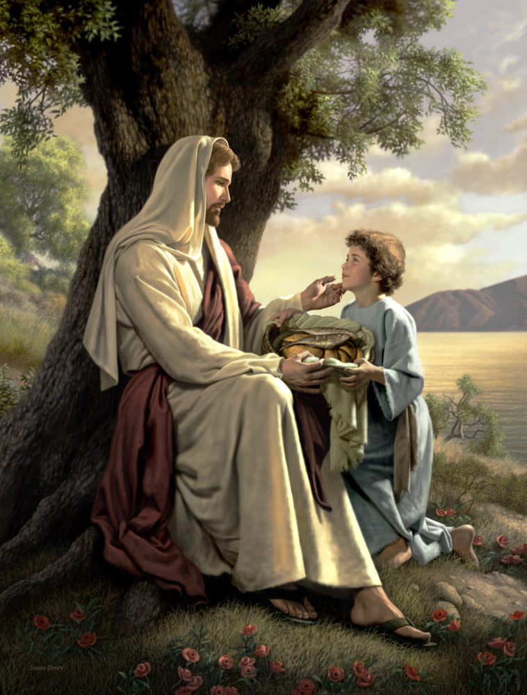 Jesus sitting by a tree; a boy offers a basket with two fishes and five loaves.