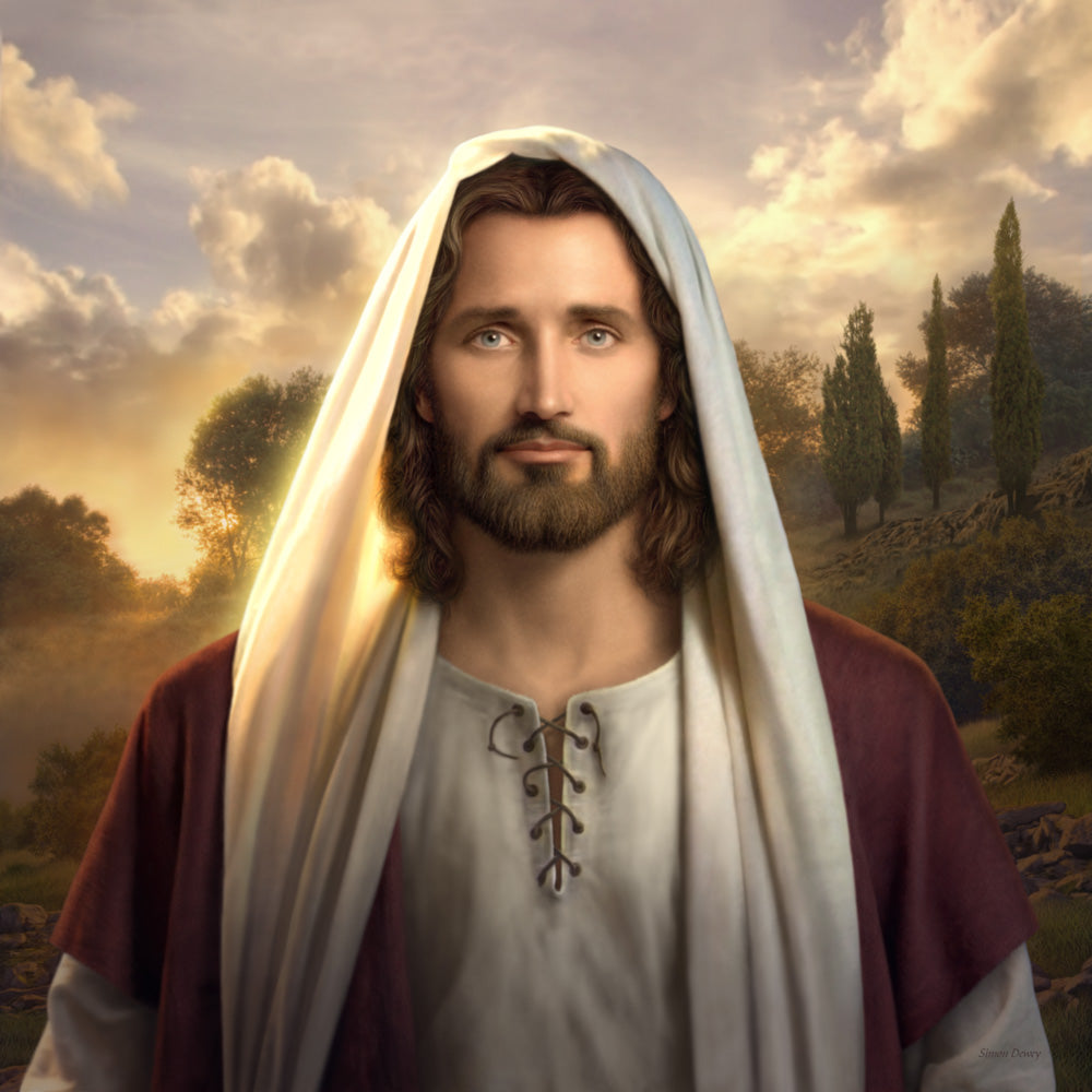 Painting of Jesus looking directly at the view wearing a red rob at sunset.