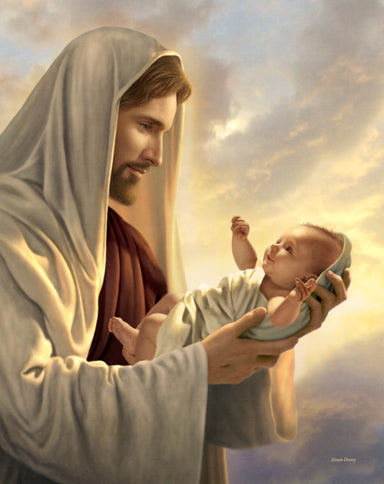 Christ looking at a newborn baby he is holding in his arms.