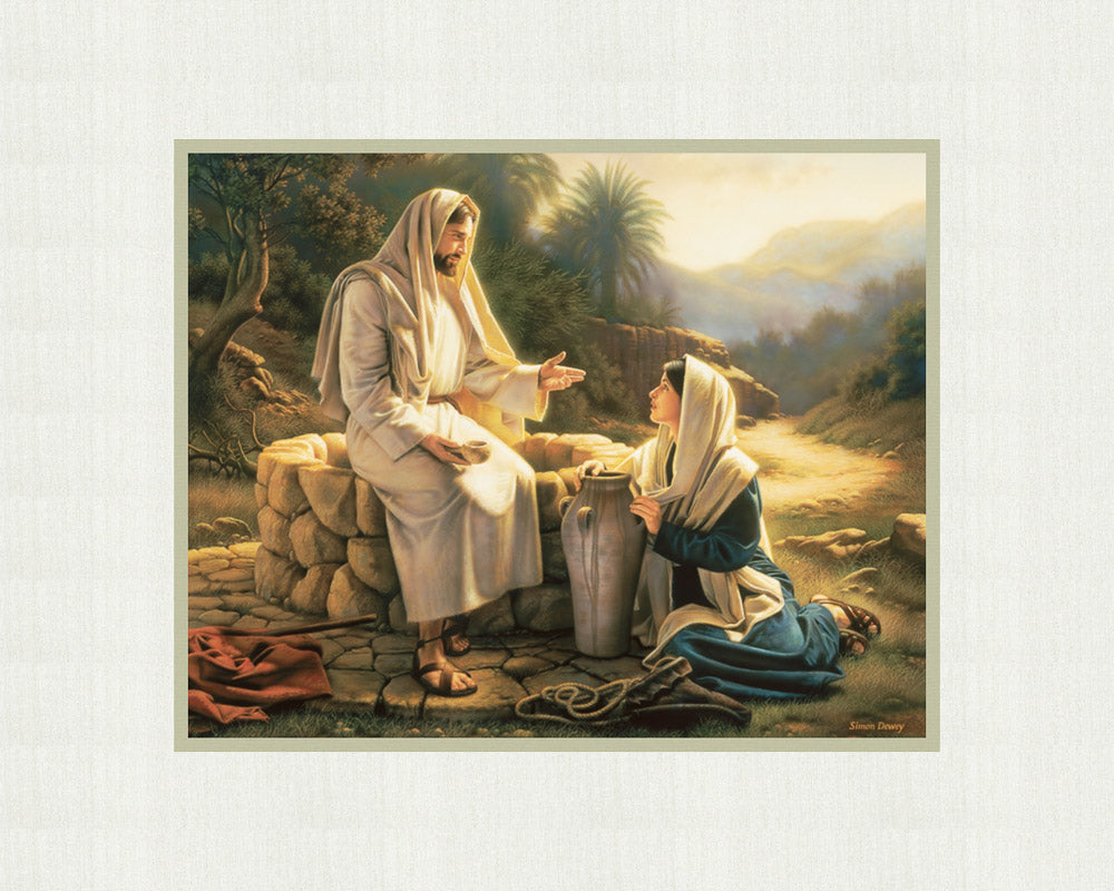 The Samaritan woman kneels beside the well as Jesus teaches her.