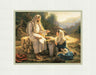 The Samaritan woman kneels beside the well as Jesus teaches her.