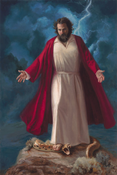 Jesus standing on snake on rock with lightning.