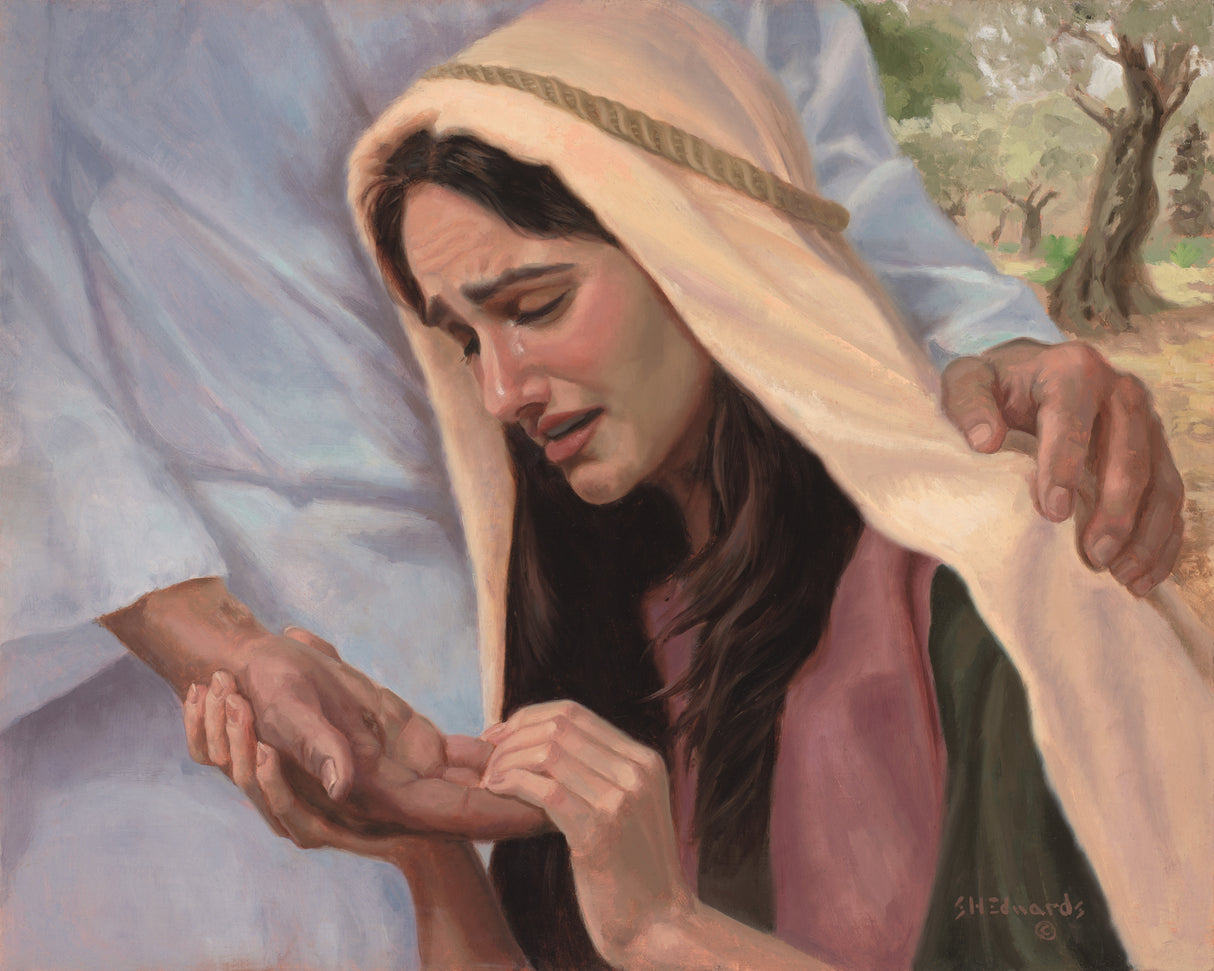 Resurrected Christ showing mary the scars in his palm.