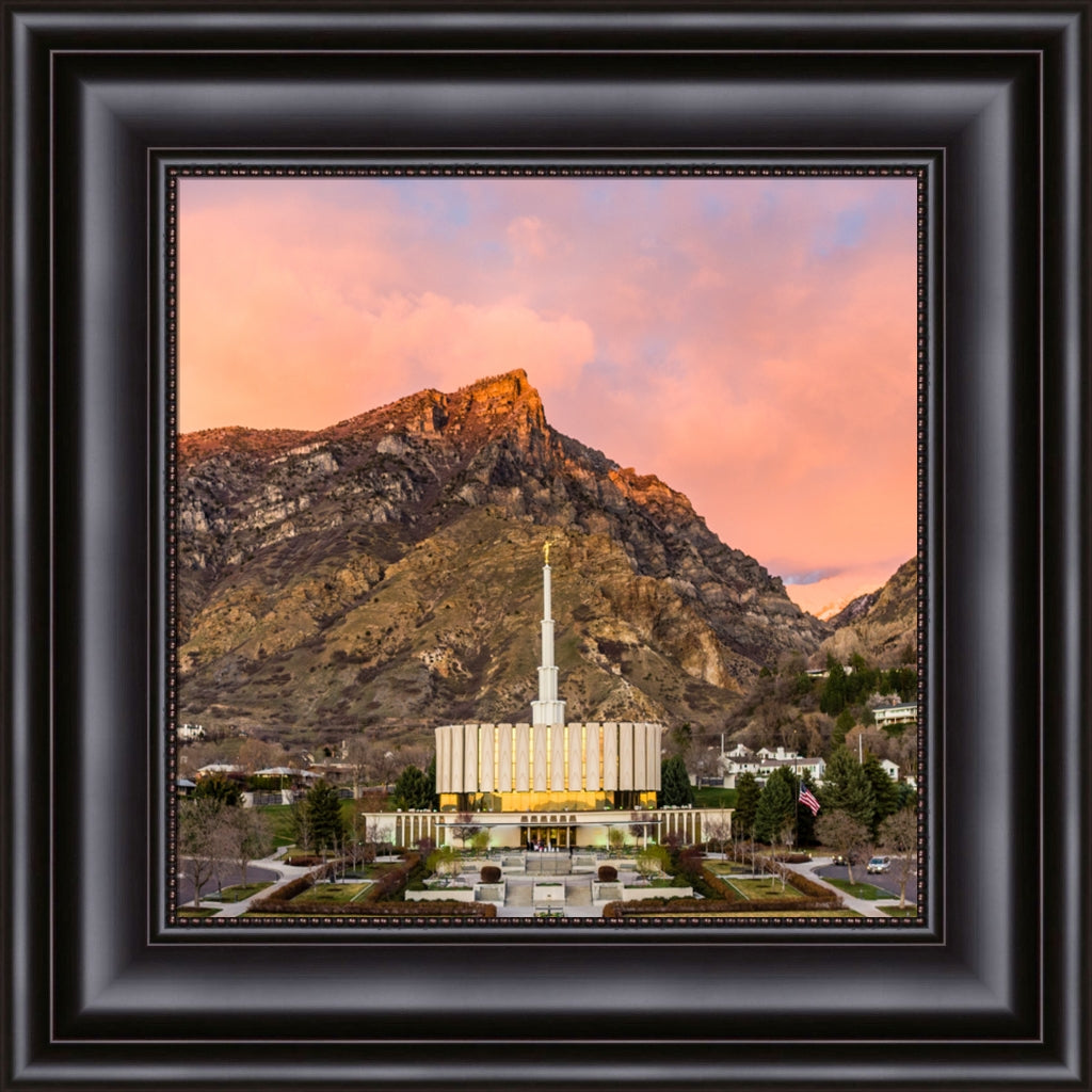 Provo Utah Temple - Sunset Over the Mountain 14x14 framed textured print black frame