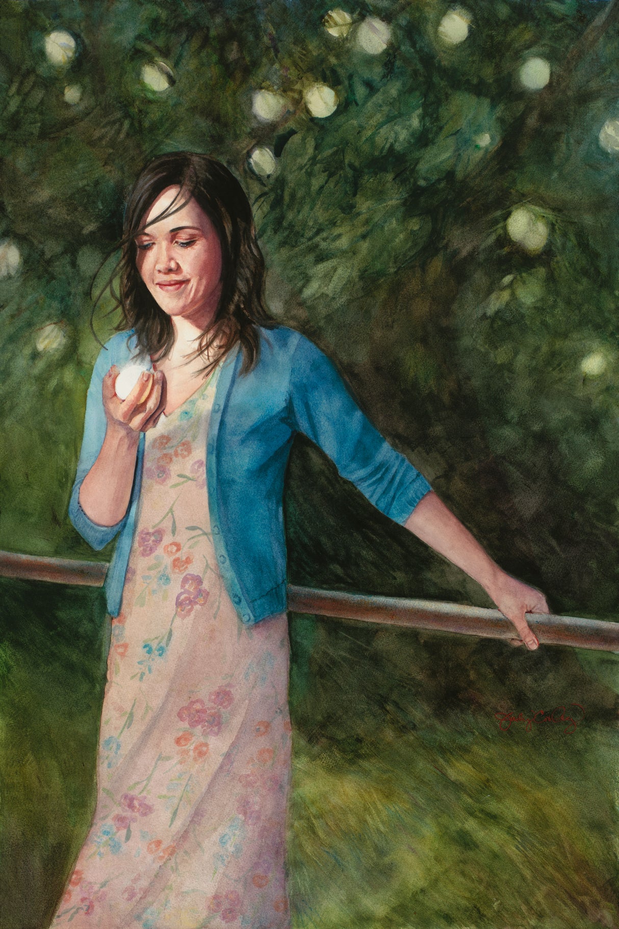 Young women holding the iron rod and the fruit of the tree. variation 1