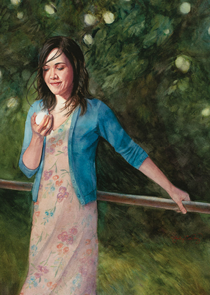 Young women holding the iron rod and the fruit of the tree. variation 2