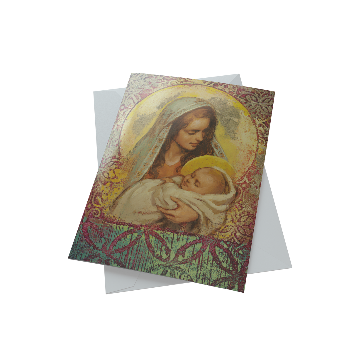 A Christmas card featuring the Virgin Mary holding her child, designed by Annie Henrie Nader.