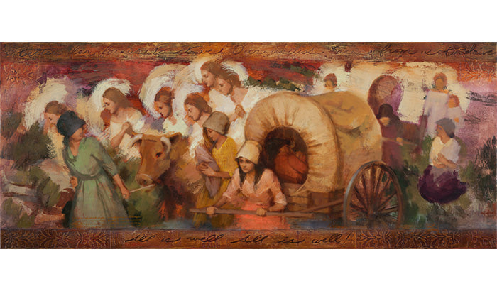 A painting of Latter-Day Saint pioneers in a wagon, depicting church history and the Restoration of the gospel.