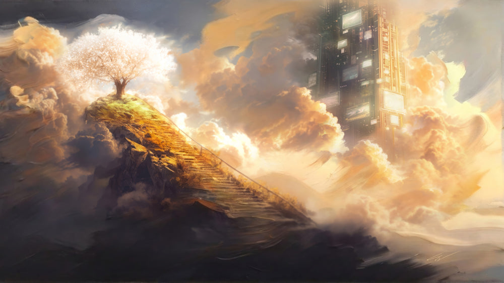 A dramatic fantasy landscape artwork showing a stone staircase leading up a grassy rocky peak to a glowing white tree, surrounded by swirling golden and gray clouds, with a tall futuristic tower in the background.