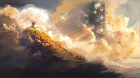 A dramatic fantasy landscape artwork showing a stone staircase leading up a grassy rocky peak to a glowing white tree, surrounded by swirling golden and gray clouds, with a tall futuristic tower in the background.