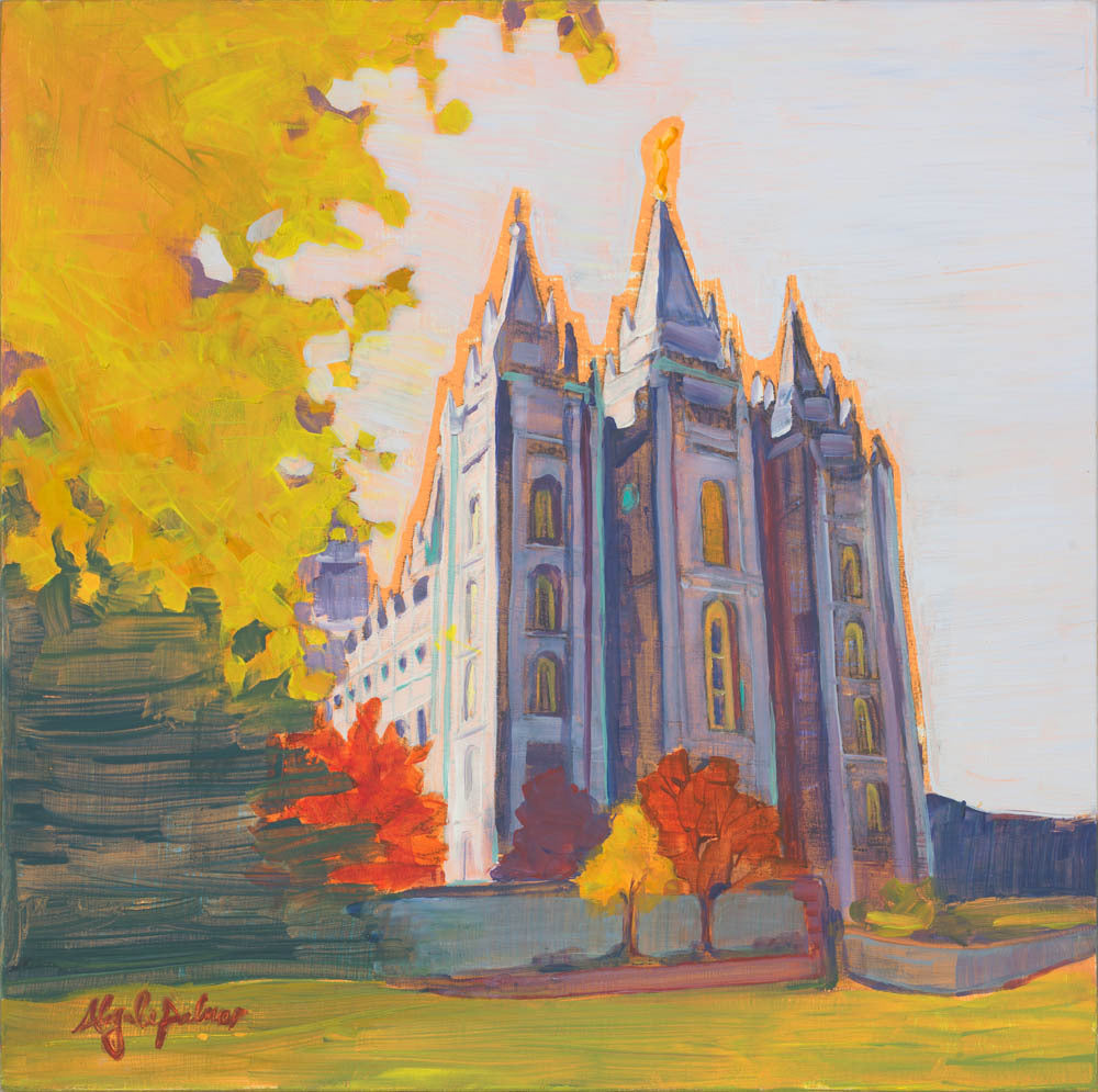A vibrant painting of a grand temple with spires, surrounded by colorful autumn trees.