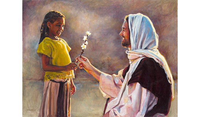 Jesus with a flower, a heartwarming painting of Christ sharing love with a young girl.