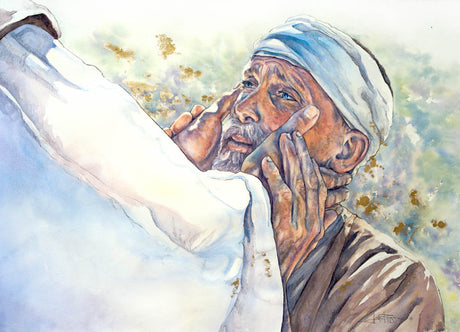 Jesus gently touches the eyes of a blind man, restoring his sight with tender compassion. Watercolor painting.