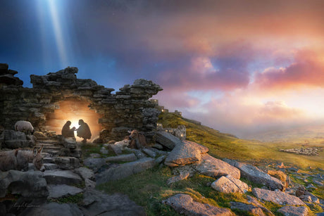 Nativity scene at dawn: Mary and Joseph with baby Jesus in a stone stable, animals gathered, bright star beam shining down on Bethlehem hillside.
