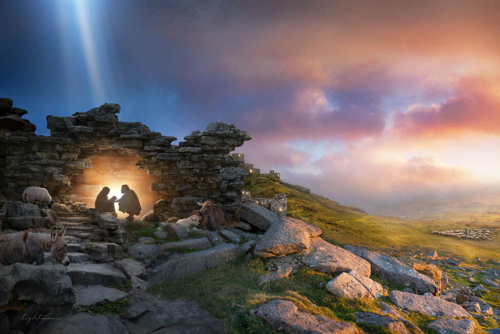 Nativity scene at dawn: Mary and Joseph with baby Jesus in a stone stable, animals gathered, bright star beam shining down on Bethlehem hillside.