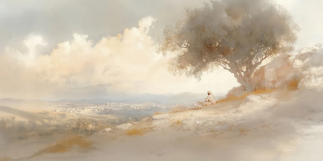 Scenic landscape with a tree and open field under a cloudy sky