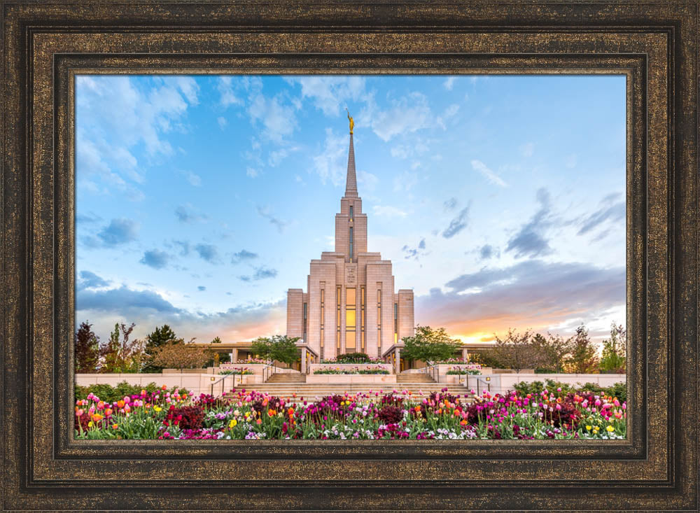 Templescape with a prominent building and colorful flowers in the foreground, framed by a decorative border.