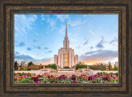 Templescape with a prominent building and colorful flowers in the foreground, framed by a decorative border.