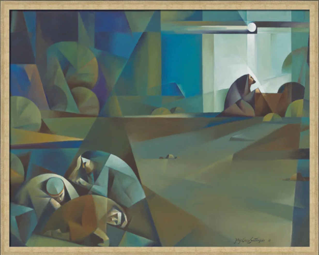 The image is an abstract painting featuring geometric shapes and muted colors, depicting human figures in a contemplative or resting pose under a stylized light source.