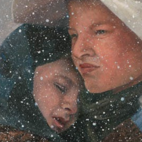 Painting of LDS pioneer James Kirkwood carrying his little brother through the snow. Text reads: "Help Children Relate to Pioneers Through Art: Come Follow Me 2021".