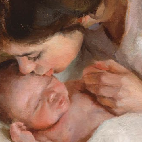 Painting of Mary kissing infant Jesus. Text reads: "18 Gallery-Quality Nativity Paintings".