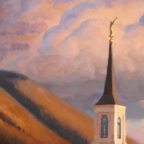 Painting of the Star Valley Wyoming Temple by Rex Price. Text reads: "Snapshot of History: 7 Professional Pictures of the Star Valley Temple". 