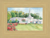 Watercolor painting of the Birmingham Alabama Temple with blue skies.