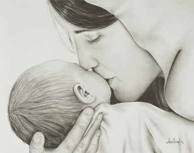 A black and white image of Mary kissing the baby Jesus.