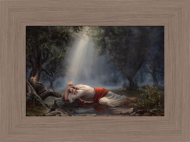 Jesus Christ laying on the ground suffering in the Garden of Gethsemane. 