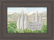Watercolor painting of the Salt Lake Utah Temple surrounded by green trees.