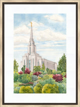 Watercolor painting of the Oquirrh Mountain Utah Temple.