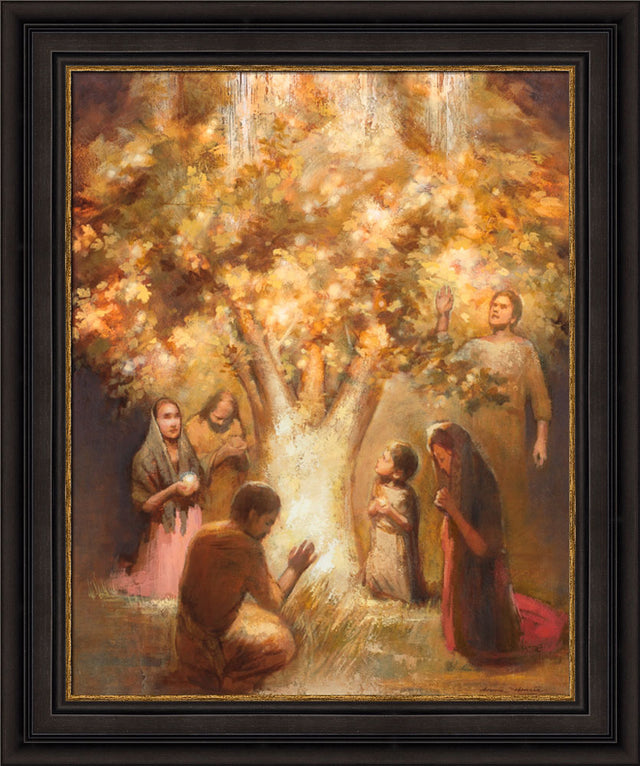 People gather around the tree of life, praying and beholding the fruit.